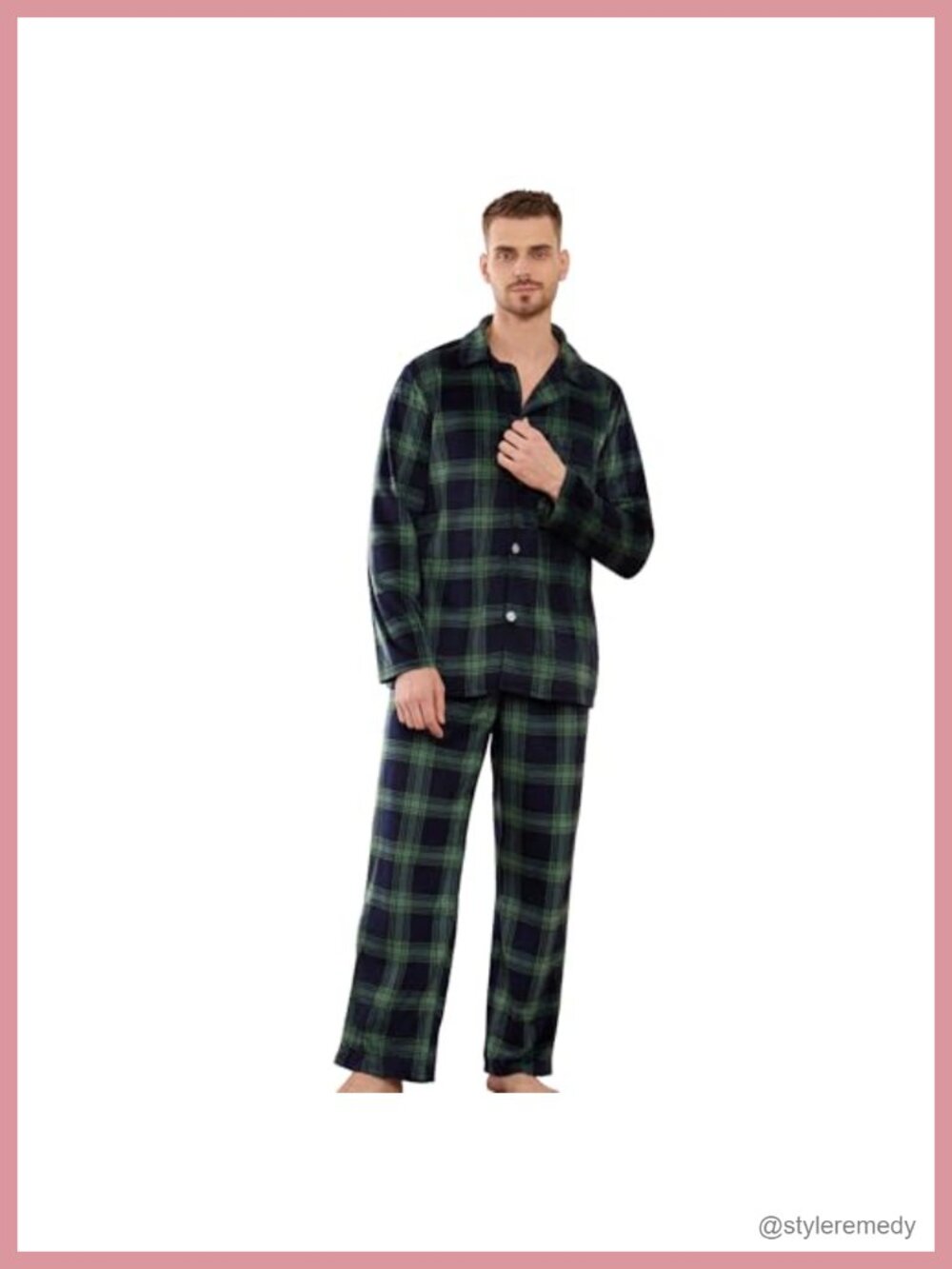 Men's Soft Plaid Pajama Set Button Down Long Sleeve Lounge PJs with Pockets
